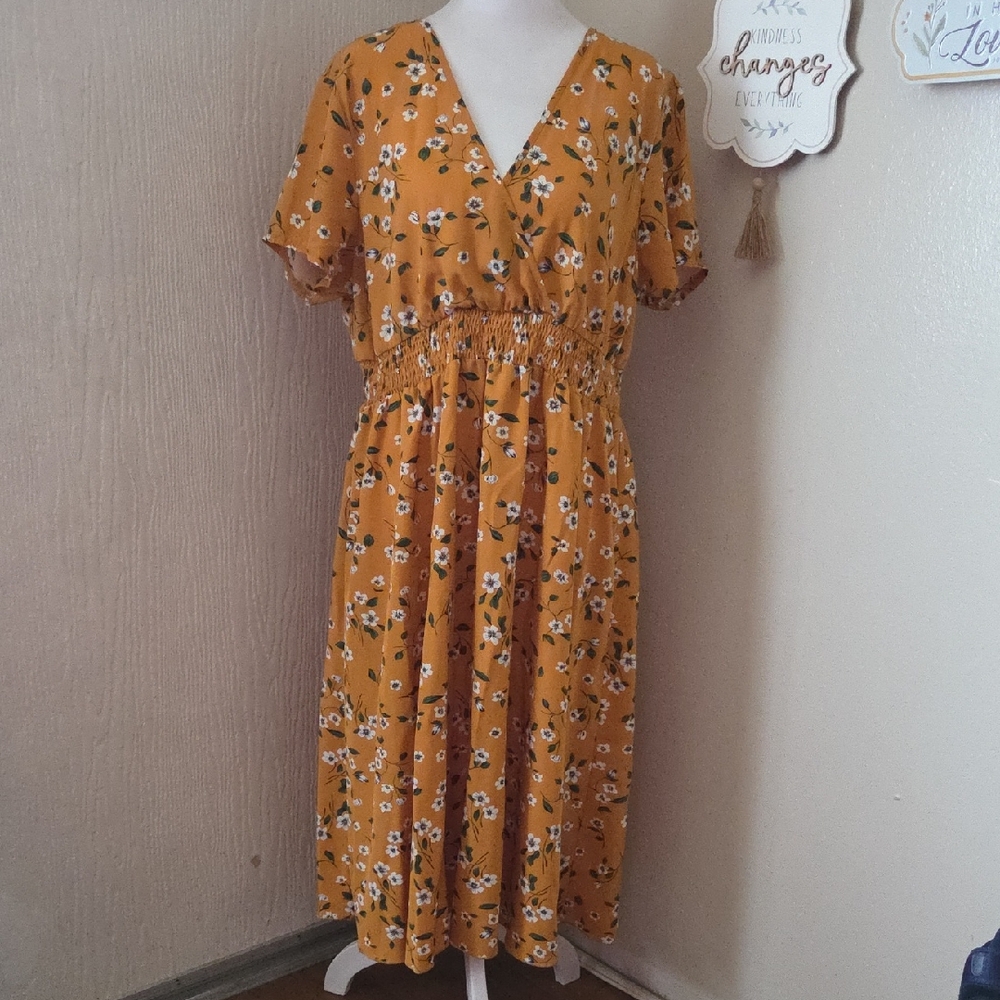 SHEIN Mustard Floral Midi Dress